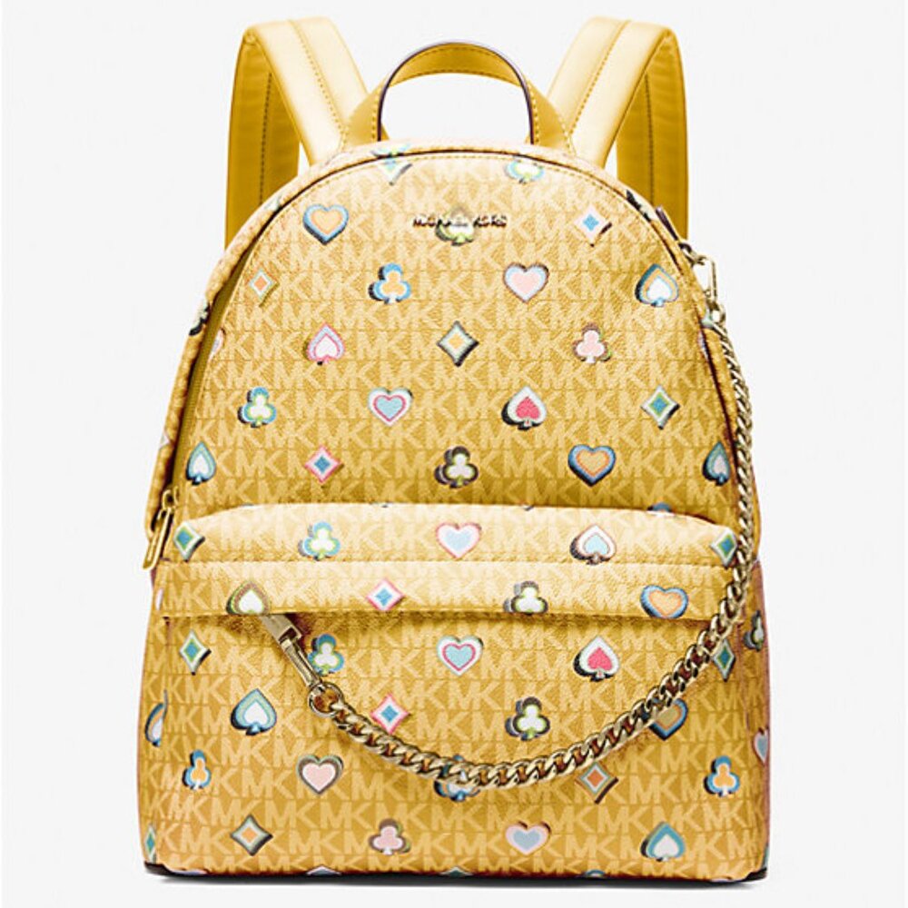 New Michael Kors Slater Medium Printed Signature Logo Backpack Honey Multi